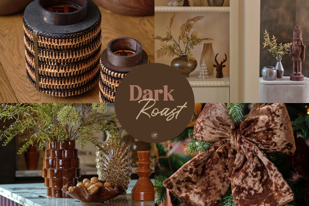 Dark Roast collection: woven lanterns, glazed brown vases and velvet bows