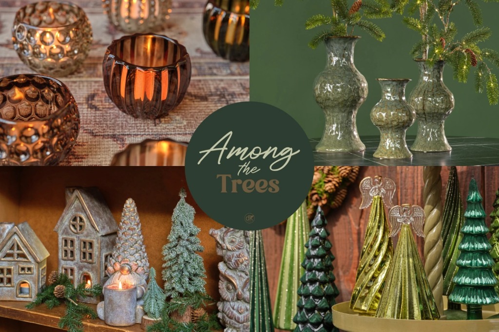 Among the Trees collection: tea light holders, green vases and glass Christmas trees
